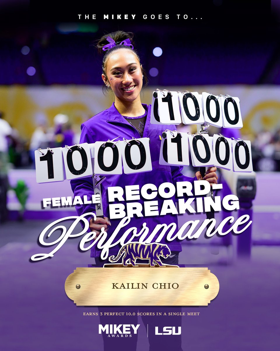 LSUsports's tweet photo. Not one, not two but three 😎 Another day, another Mikey for @kailin_chio as her three 🔟s in one meet is our Female Record-Breaking Performance for 2025-26! 

#TheMikeys | @LSUgym https://t.co/6sM2T2obKZ