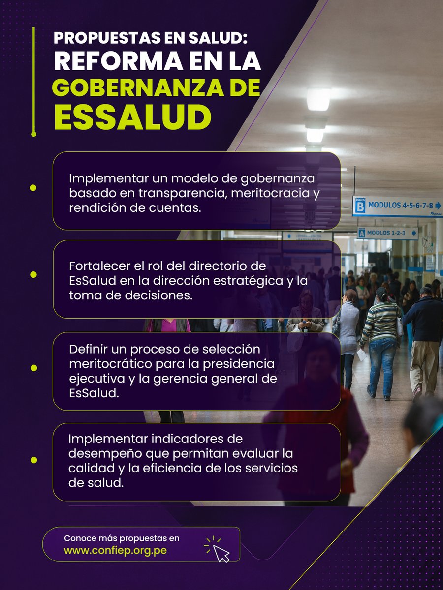 CONFIEP's tweet photo. EsSalud debe contar con una gobernanza sólida para responder a las necesidades de más de 12 millones de asegurados.

Fortalecer la dirección estratégica de la institución, con procesos meritocráticos y una gestión transparente, permitirá mejorar la calidad y eficiencia de los servicios de salud.