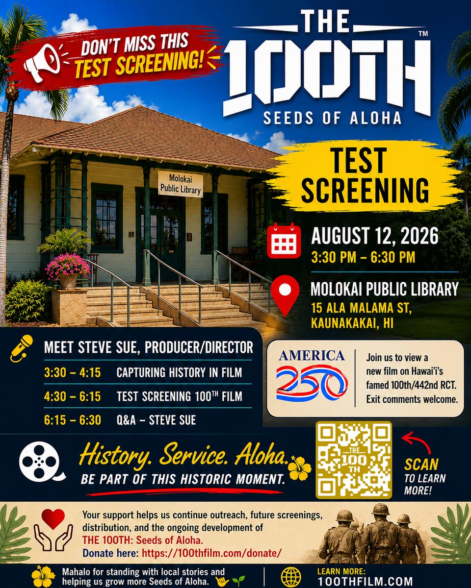 globalalohaorg's tweet photo. 🎬 Join us on Molokaʻi for a FREE test screening of THE 100TH: Seeds of Aloha!
Experience the film before its official release, meet producer/director Steve Sue, and share your feedback.
📍Molokai Public Library
🗓️ Aug. 12 | 3:30 PM
#The100thFilm #Molokai https://t.co/cUCsEJR5Hv