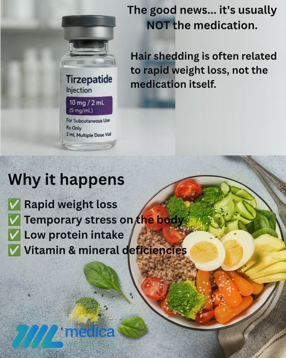 onemedicalwl's tweet photo. Does tirzepatide cause hair loss?
If you've noticed extra hair in your brush or shower after starting tirzepatide, you're not alone—and there's reassuring news.
In most cases, hair shedding isn't caused directly by tirzepatide. Instead, it's often linked to rapid weight loss. https://t.co/y86afD55au