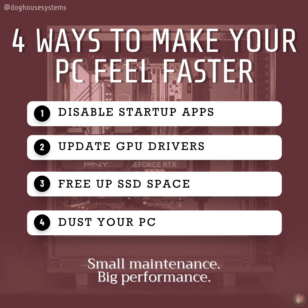 DogHouseSystems's tweet photo. 💡 Tech Tip: Want your PC to feel faster without upgrading?

✔️ Disable unnecessary startup apps
✔️ Update your GPU drivers
✔️ Keep free space on your SSD
✔️ Dust your fans regularly

What's one PC maintenance task you always forget?
#TechTips #PCGaming #DogHouseSystems https://t.co/yMtmXqqWMM