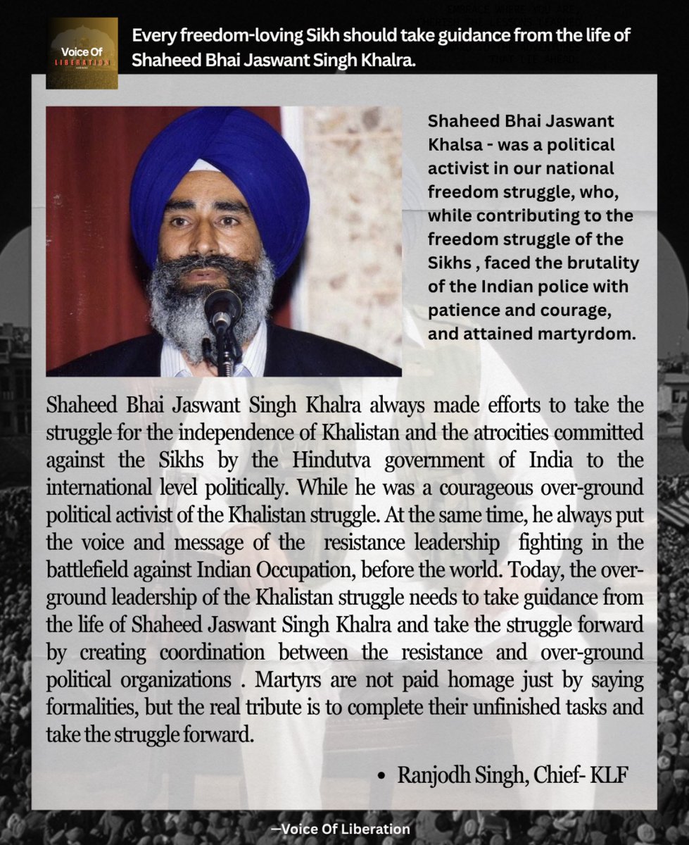 KLF_Official84's tweet photo. Every freedom-loving Sikh should take guidance from the life of Shaheed Bhai Jaswant Singh Khalra.

#JaswantSinghKhalra #Sikh #Khalistan #Freedom #HumanRights https://t.co/NTFjvtauxO