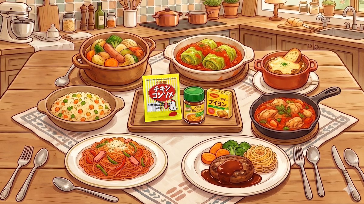 himirika_com's tweet photo. 【コンソメのまとめ】🍲
昨日までの5日間でご紹介した「コンソメ」シリーズを1つにまとめました！📝

①コンソメの神使い道4選
②誰もが迷う固形と顆粒の換算
③コンソメが１番活きるオムライスのレシピ
④コンソメがない時の鶏がらスープでの代用
⑤何も作りたくない時の簡単具なしコンソメスープ

各ポストの詳細は、リプ欄のリンクから見てくださいねー😊