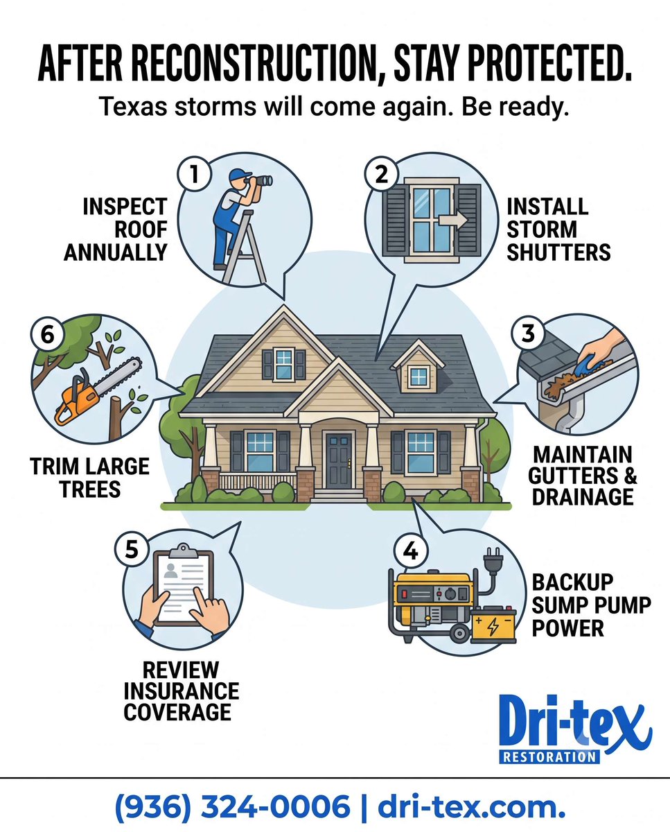 RestobyDRI_TEX's tweet photo. After everything your family has been through, the goal is to never go through it again. Annual roof checks, storm shutters, gutter maintenance, backup sump power, updated coverage, and trimmed trees all help. https://t.co/KsxB7oc9j1. (936) 324-0006. https://t.co/GaQRcedVof