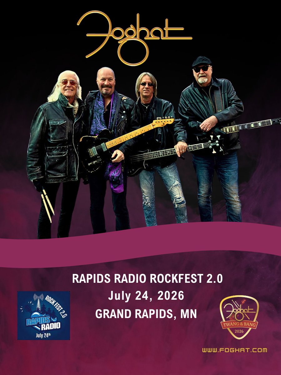 FOGHAT's tweet photo. 🎸 Grand Rapids, Minnesota... we're headed your way! Join us on July 24th for Rapids Radio Rockfest 2.0 and get ready for a night of rock, great music, and summer fun!

🎟️ Grab your tickets and get all the details here: https://t.co/OJNUxfqAWp https://t.co/EavoeBJ7T1