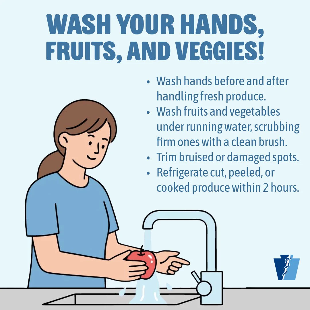 Person washing an apple under running water with instructions to wash hands and produce before handling.
