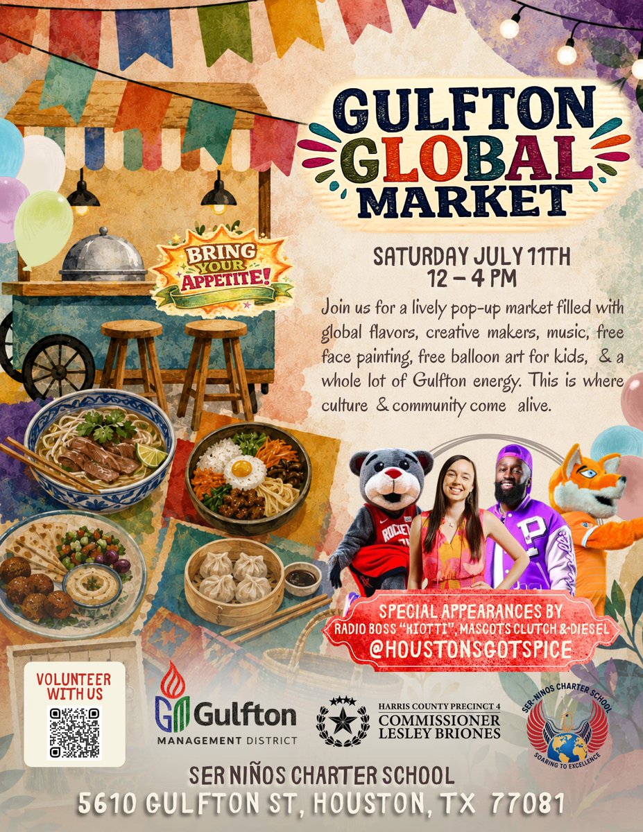 GulftonMD's tweet photo. This Saturday, join us for the Gulfton Global Market 🌍 

📅 Saturday, July 11 | 12 – 4 PM (Global Market) | 10 AM – 4 PM (Summer Fest)
📍 SER Niños Charter School Parking Lot | 5610 Gulfton St, Houston, TX 77081
🎟️ Free Entry | All Ages Welcome https://t.co/8eXuRWAgdy