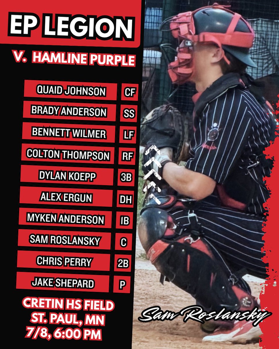 EPLegion's tweet photo. @EPLegion plays its final game before the Gopher Classic tonight against a Hamline Purple (Cretin Derham Hall) at 6pm with @Samroslansky11 behind the dish! Hopefully we’ll take care of business and then have a tasty cheeseburger at The Nook! https://t.co/v6eAaPb13k