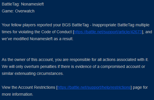 Nonamezleft_'s tweet photo. So you're telling me that literally anyone in Overwatch can just decide to rob you of your identity at any time by abusing the report system? https://t.co/Yg35OK0Kv1