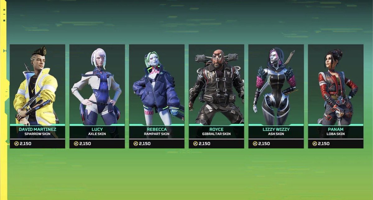 mugitoga's tweet photo. APEXのサイバーパンクコラボのスキンたちなんだけど、アクセルがルーシーのコスプレしてるおばさんにしか見えねぇわ https://t.co/wEioUWt9kU