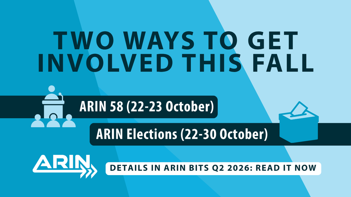 TeamARIN's tweet photo. Want to vote in #ARINElections this fall? Request General Membership now to establish eligibility by 7 September. 

Planning to attend #ARIN58 in #Miami or online (22-23 Oct.)? Fellowship apps are open through 19 July + Registration opens mid-August! 

ℹ️ https://t.co/TBJ53FhNjU https://t.co/IjcumLyJs2