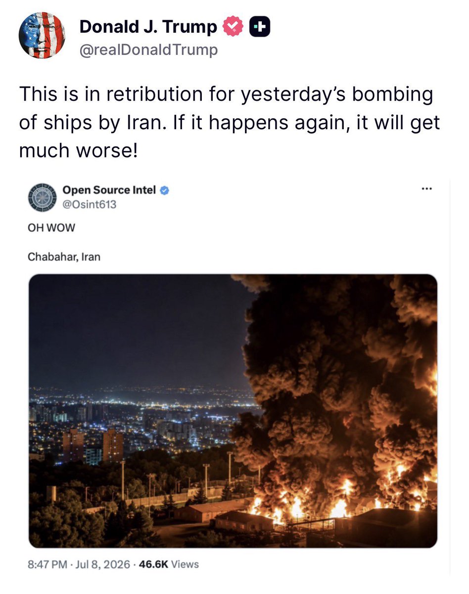 sentdefender's tweet photo. Picture that is not from tonight’s U.S. strikes against Southern Iran posted by an account on X and then reposted by President Trump and the White House. This is how quickly misidentified or entirely fake pictures, videos, and stories can spread on social media, especially X. https://t.co/fq4UGFAcEs