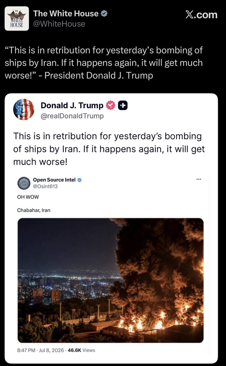sentdefender's tweet photo. Picture that is not from tonight’s U.S. strikes against Southern Iran posted by an account on X and then reposted by President Trump and the White House. This is how quickly misidentified or entirely fake pictures, videos, and stories can spread on social media, especially X. https://t.co/fq4UGFAcEs