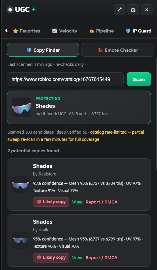 Njbbear's tweet photo. I have created the most accurate and deep-searching tool to help find stolen IP on Roblox (UGC Items).

I know this is very popular within the UGC community and I'm willing to make it free for all use soon, just need to iron out some inconsistences. 

#RobloxDev #Roblox #RobloxDMCA