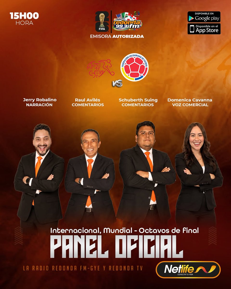 RedondaTv's tweet photo. 🇨🇭⚔️🇨🇴 ¡Duelo de octavos!
Suiza y Colombia se juegan el pase a la siguiente ronda, y lo vives con el Panel Oficial de La Radio Redonda FM-GYE y Redonda TV. 🎙️🔥
Gracias a Netlife ⚽📡
#Mundial #OctavosDeFinal #Suiza #Colombia #LaRadioRedonda RedondaTV Netlife https://t.co/SWrC0YgzcH