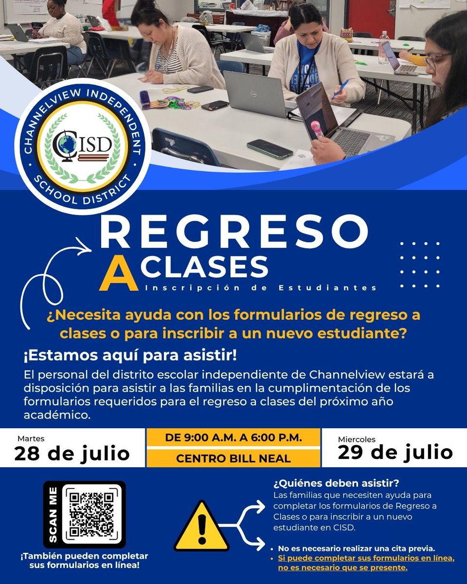 ChannelviewISD's tweet photo. Need help with Back-to-School Forms or enrolling a new student? 🎒

Join us for Centralized Registration Assistance:

📅 July 28 &amp; 29
🕐 9a.m.–6 p.m.
📍 Bill Neal Center
You can also complete Back-to-School Forms online anytime: https://t.co/hI3BLkOVwm https://t.co/rZ7fCmiOm0