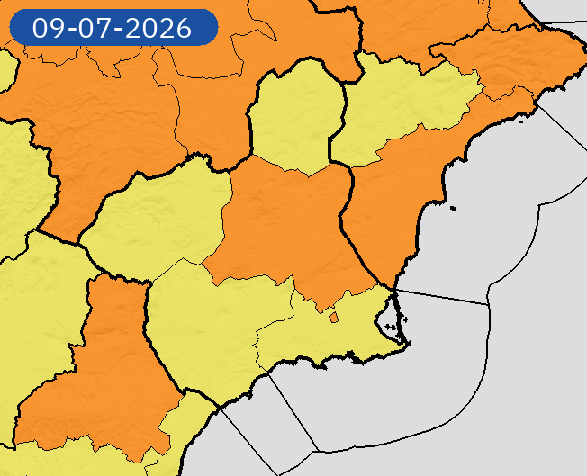AEMET_Murcia's tweet photo. 09/07 00:07 AVISOS HOY Y MAÑANA | Región de Murcia: temperaturas máximas. Nivel máximo de aviso: naranja.
Actualizaciones en https://t.co/gQDupQ393c https://t.co/NEHTcF5W8s