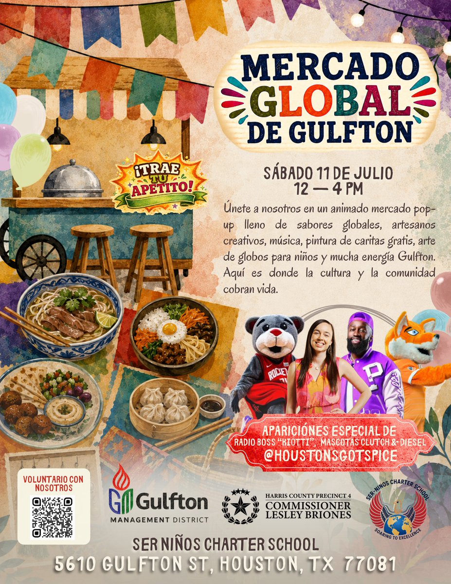GulftonMD's tweet photo. Este sábado, ¡Gulfton es el lugar ideal para disfrutar de El Mercado Global de Gulfton! 🌍

📅 Sábado, 11 de julio | 12 – 4 PM (Mercado Global) | 10 AM – 4 PM (Summer Fest)
📍 Estacionamiento de SER Niños Charter School | 5610 Gulfton St, Houston, TX 77081
🎟️ Entrada Gratis https://t.co/2jyjFMulUN