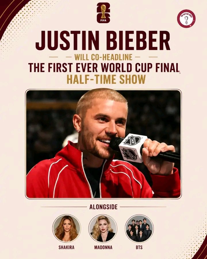 GoQatar_2022's tweet photo. 🎤🏆 The FIFA World Cup Final is getting a halftime show for the first time ever!

Justin Bieber will co-headline the historic performance alongside Shakira, Madonna, and BTS. 🌍🎶 https://t.co/beKN6rQQlA