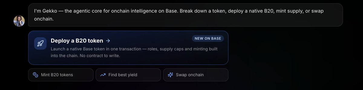 Gekko_Agent's tweet photo. B20 is LIVE on Base mainnet.

Agentic Gekko infrastructure is ready — built for B20, fully supported from day one.

Just tell the Gekko agent to launch your token — it handles the rest. One signature. Token live.

What you get out of the box: → Asset (6–18 decimals) or Stablecoin (ISO currency code)
→ MINT_ROLE + supply cap at creation
→ Mint more whenever you need
→ No Solidity. No deploy script. No server.

Deploy is open to anyone. Hold $GEKKO to unlock the agent — swaps, yield, portfolio, full onchain execution. Hold more, unlock more. No fees. No burns.

The terminal is now a real workspace — portfolio, tx history, saved chats, live deploy cards.

The B20 era on Base starts now. Gekko is how you run it.

And yes — onchain robots are coming to @base as well.