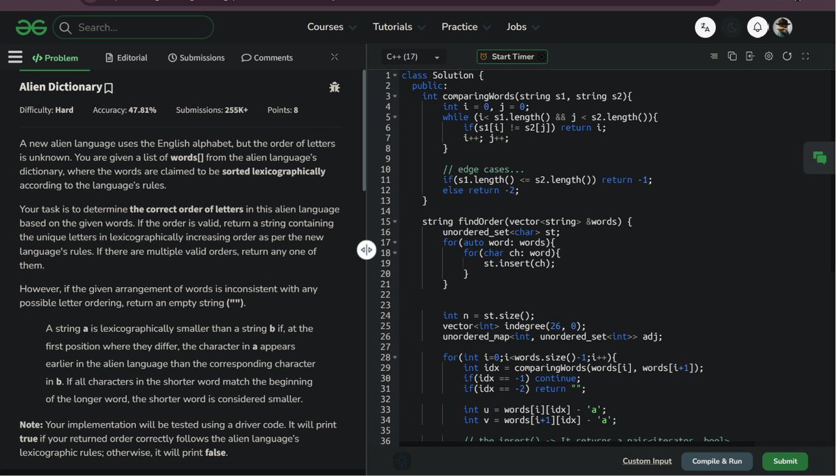 _ACE_77_'s tweet photo. 💻 DSA Practice — Day 202
Continued my Graph journey🚀
✅Alien Dictionary
✅3754. Concatenate Non-Zero Digits and Multiply by Sum I
Great practice with Topological Sort plus a fun math problem. Learning new patterns every day!🔥
🔗Profile: https://t.co/YjFKygtY6o
#LeetCode #DSA🚀 https://t.co/m08mTlSMh8