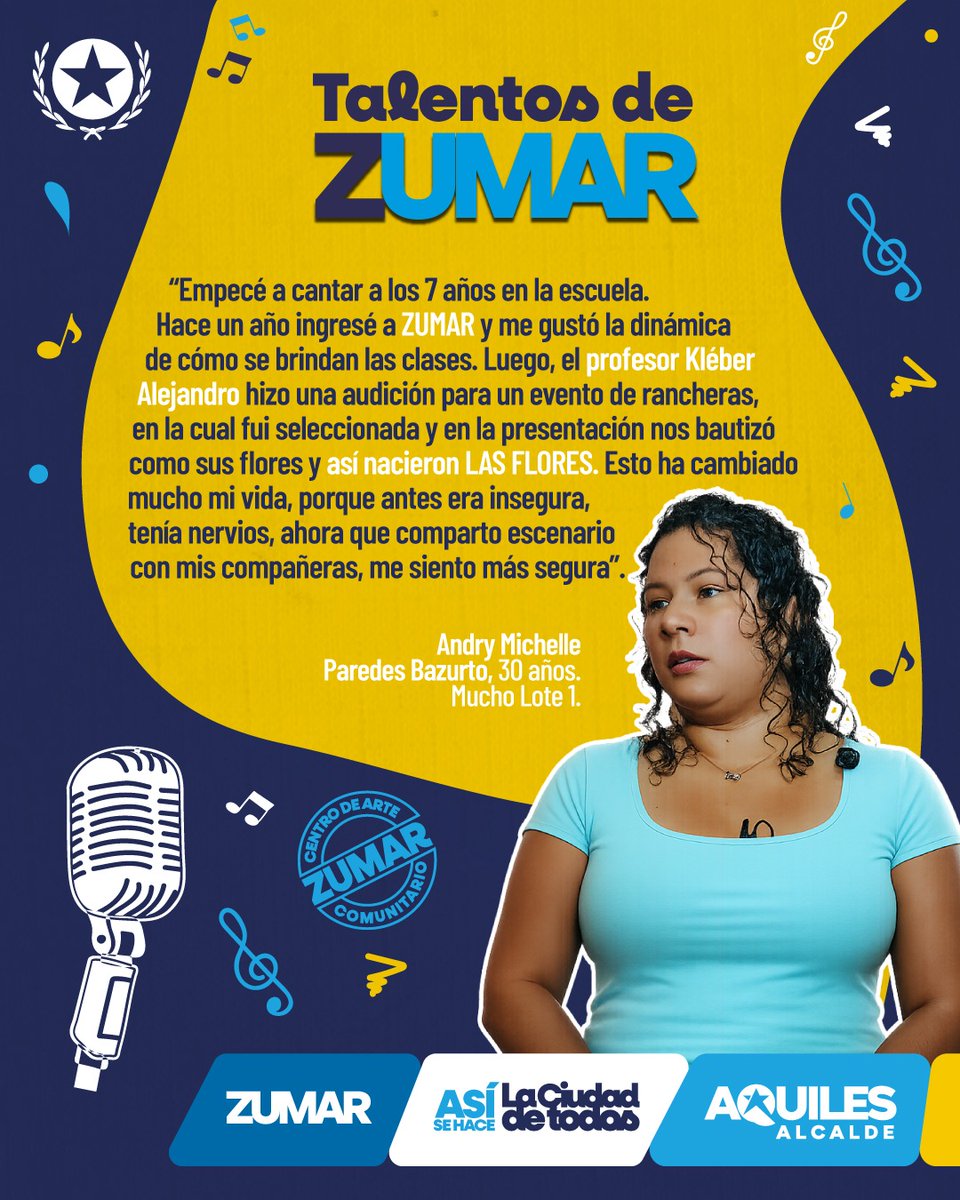 ZumarGye's tweet photo. ANDRY PAREDES, alumna de canto del CAC ZUMAR e integrante de la agrupación musical Las Flores, cantará en Rockola Stars, el domingo 12 en Plaza Guayarte, a las 14h00. De esta forma, la Alcaldía brinda espacio al talento artístico en la #CiudadDeTodos, porque #AsíSeHaceGuayaquil. https://t.co/LsaN9Dn6hZ