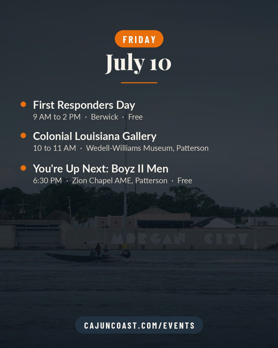 cajuncoast's tweet photo. This weekend on the Cajun Coast: First Responders Day in Berwick, the Berwick Town Market, Cajun Heat 10 wrestling in Morgan City, and Cosmic Bowling at Steelwood Lanes.

https://t.co/l5PkSINjTk

#MyCajunCoast #FeedYourSoul #CajunCoast #MysticallyBeautiful https://t.co/oOacaxYeHf