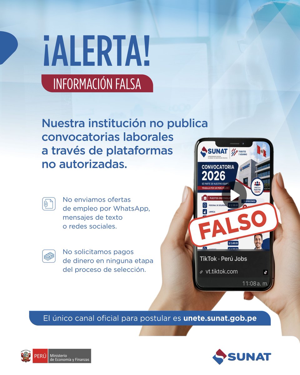 SUNATOficial's tweet photo. 📢 #SunatAlerta
¡Evita estafas por falsas ofertas laborales!
Nuestro portal oficial de convocatorias es 👉🏾https://t.co/YygpldUrKl
Comunícate con nuestros canales oficiales 👉🏾 https://t.co/gM3I3ZFWvh, opción “Contacto y redes sociales”.
Ayúdanos a compartir esta alerta 👇🏾 https://t.co/nd1X7OsGVJ