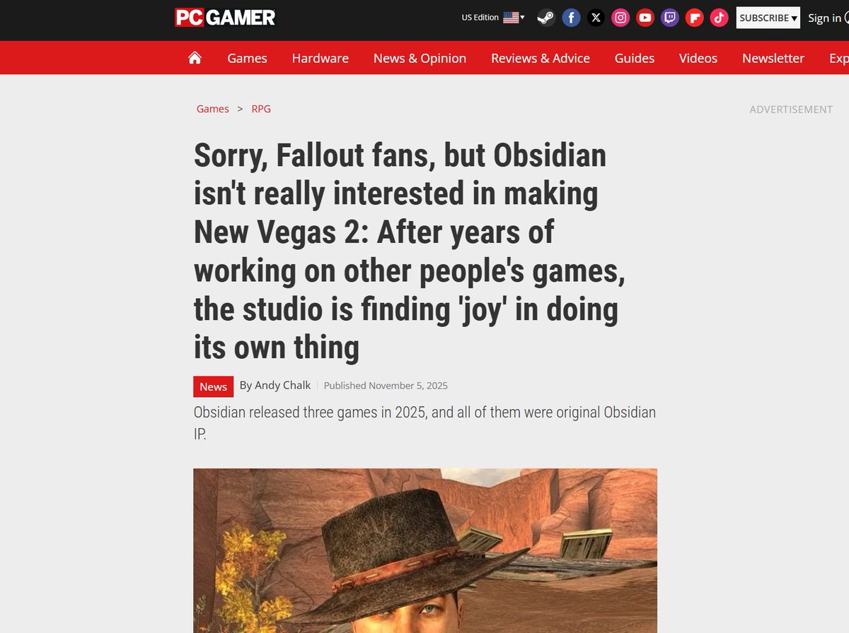 LegacyKillaHD's tweet photo. I'd be more excited for Obsidian working on a new Fallout if they actually wanted to make it. 

(Also, if The Outer Worlds 2 &amp; Avowed were actually good)

They did interviews last year flat-out saying they're not interested in it anymore and want to focus on THEIR franchises... https://t.co/OcpnOlD1Ua