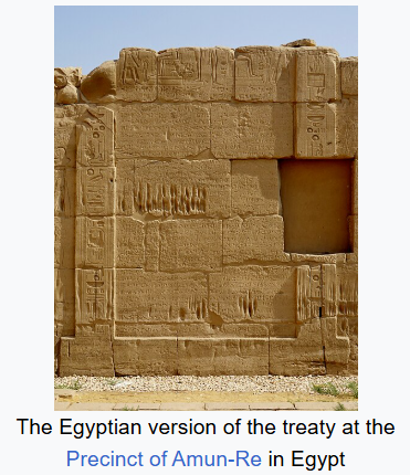 lefineder's tweet photo. In 1259 BC after the massive Battle of Kadesh and a decade and a half of war Egypt and the Hittites agreed to sign a treaty of "brotherhood and peace forever." The treaty did not just establish peace; it was also the first recorded mutual defence pact:

"If another enemy comes [against] the land of Hatti… the great king of Egypt shall send his troops and his chariots and shall slay his enemy...If a foreigner marches against the country of Egypt… then Hattusili, king of the country of Hatti, shall send his troops and his chariots and kill his enemy."

While the defence clause of the treaty was never activated by either power, peace was maintained. And when the Hittites suffered a large famine in the late 13th century, Egypt is recorded to have sent "grain to be taken in ships, to keep alive this land of Hatti."