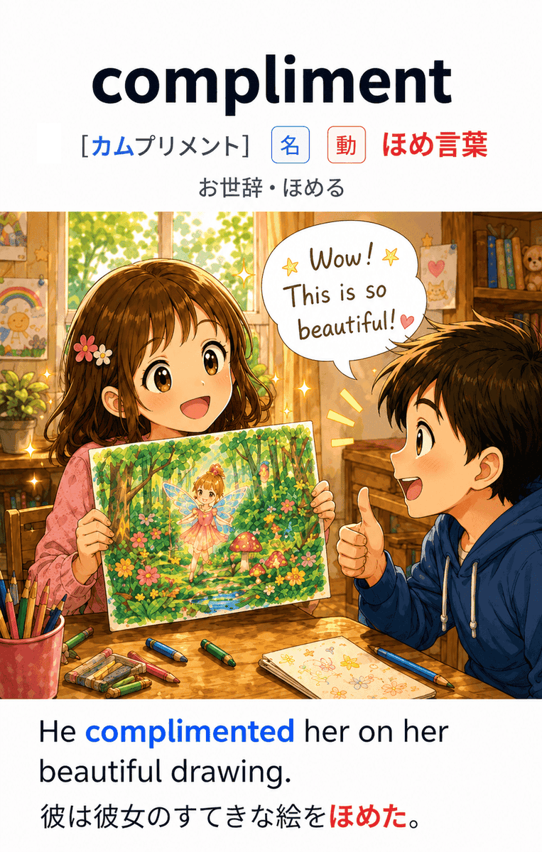 eitanfriends's tweet photo. 答え👇

compliment ＝ ほめ言葉・お世辞・ほめる

💡 覚え方のヒント
語源は「完全に（com）満たす（pli）こと」。相手を褒めて良い気分に満たすイメージです。
★ compliment 人 on 〜 で「〜について人をほめる」という意味になります。
★パッと見、complement（補う）と形がそっくり。混同に注意。