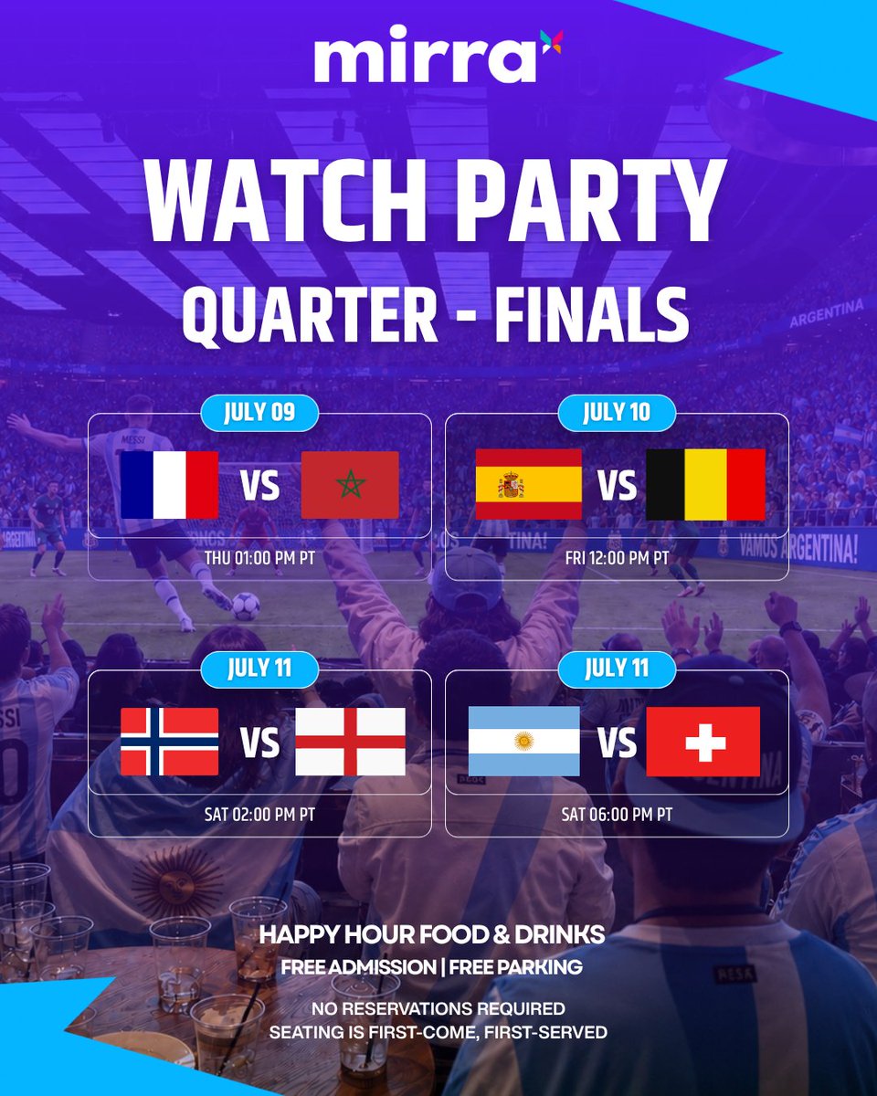 VisitMIRRA's tweet photo. ⚽Four epic matchups. Eight nations. One place to experience it all

🏆 Quarter-Finals Schedule
🇫🇷 France vs Morocco — July 9 | 1:00 PM PT
🇪🇸 Spain vs Belgium — July 10 | 12:00 PM PT
🇳🇴 Norway vs England — July 11 | 2:00 PM PT
🇦🇷 Argentina vs Switzerland — July 11 | 6:00 PM PT https://t.co/4TgWWHYF1U