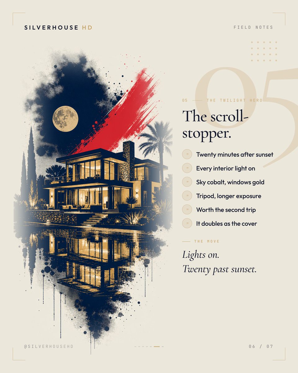 silverhousehd's tweet photo. 5 photos decide if someone stops on your listing or scrolls past: exterior, kitchen, suite, one lifestyle shot, twilight hero. Miss one and people feel it, even if they can't say why. Save the shot list 📸

#realestatecontent #contentcreator https://t.co/OoEaahxGGT