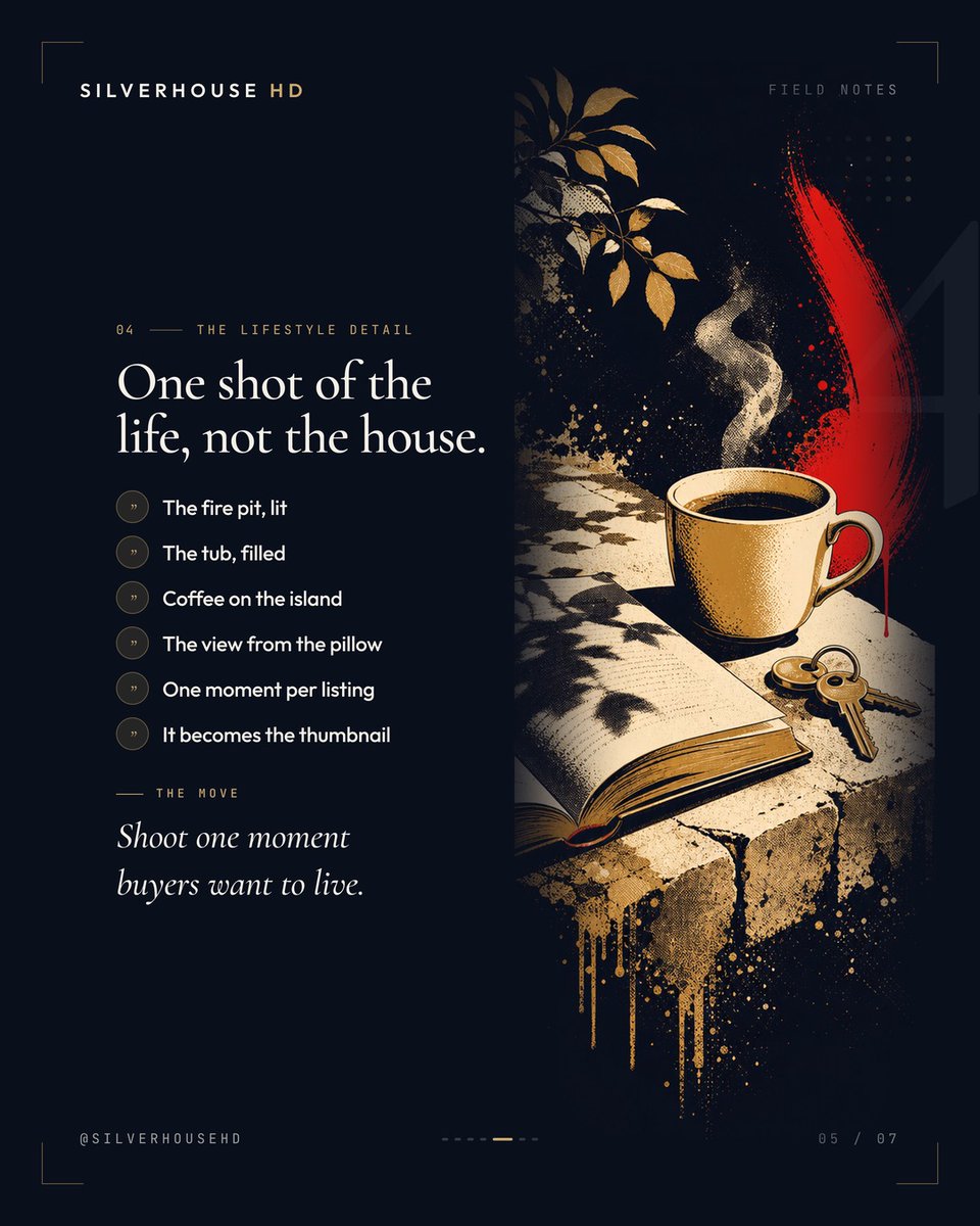 silverhousehd's tweet photo. 5 photos decide if someone stops on your listing or scrolls past: exterior, kitchen, suite, one lifestyle shot, twilight hero. Miss one and people feel it, even if they can't say why. Save the shot list 📸

#realestatecontent #contentcreator https://t.co/OoEaahxGGT