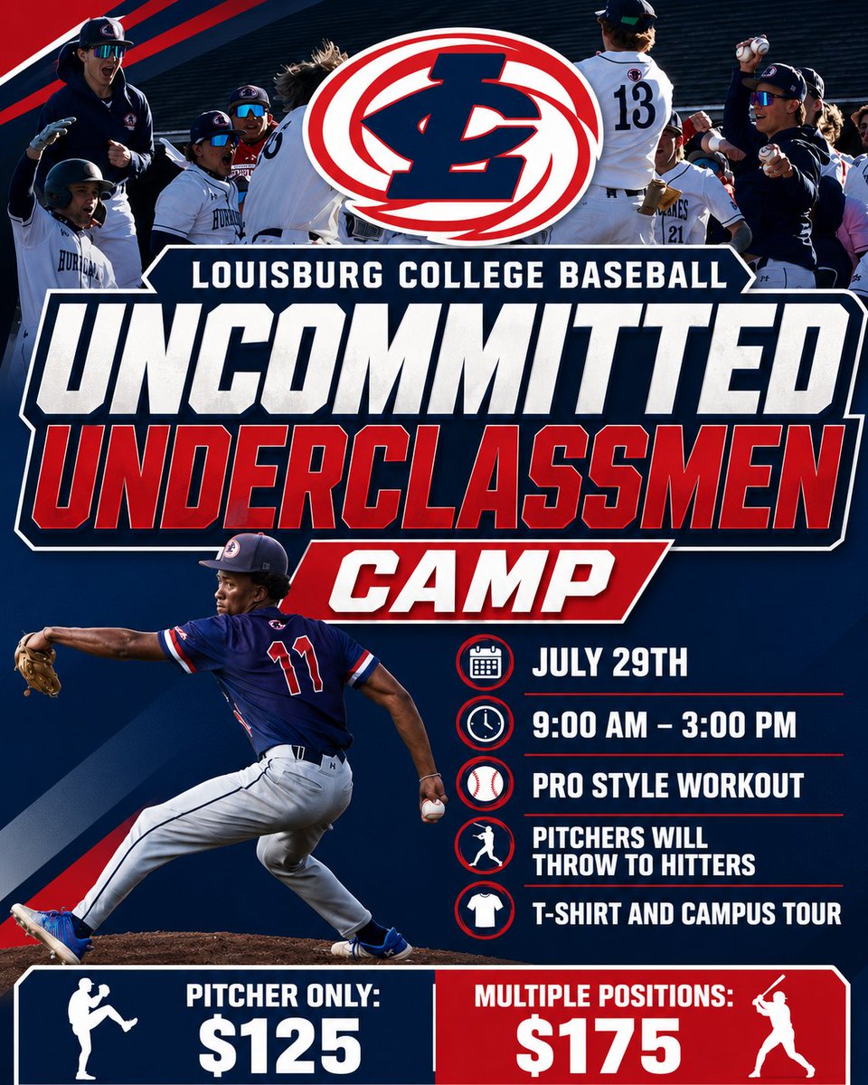 LCbaseballnews's tweet photo. Louisburg College Baseball has two summer camps remaining! ⚾

Catchers Clinic
📅 July 22 | 9 AM–4 PM 

Uncommitted Underclassmen Camp
📅 July 29 | 9 AM–3 PM

https://t.co/2RsH90LcSm https://t.co/pfjiG3ykaf