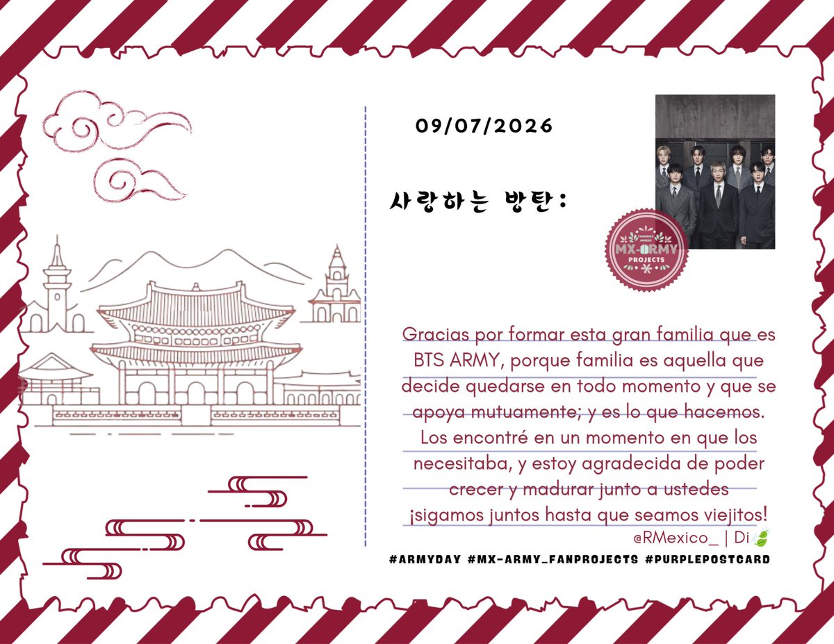 RMexico_'s tweet photo. 💌 THE PURPLE POSTCARD EVENT

Las palabras no alcanzan para tanto por lo que agradecer a Bangtan 💜

Love you more than love #BTS 

Compartenos tu postal ARMY! 💜

#ARMYDay #MXARMY_PROJECTS #PurplePostcard https://t.co/gzkh7jUvS4