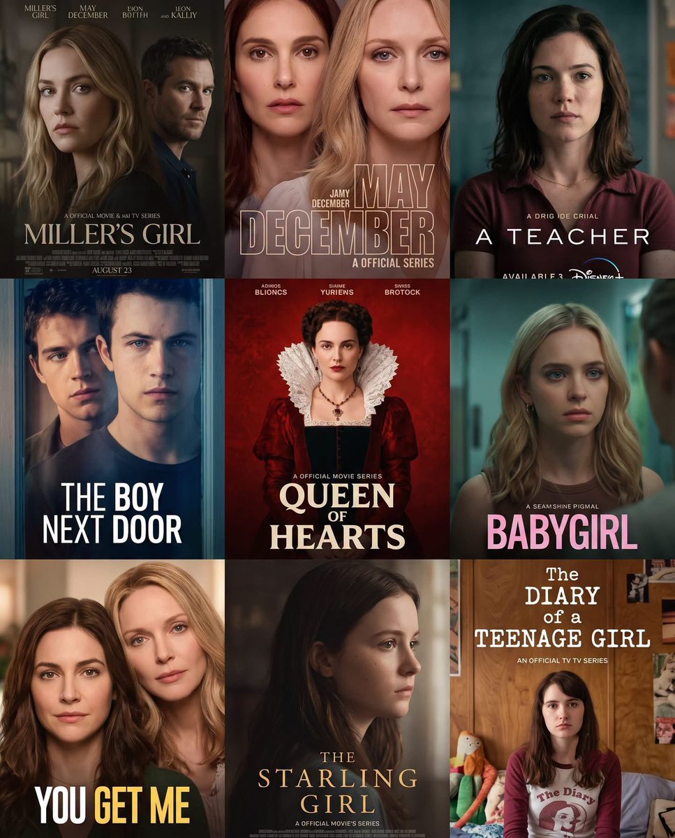 AshleyMikel9's tweet photo. 🖼️ | Forbidden Mentorship & Age-Gap Tension

🎞 | Miller's Girl, May December, A Teacher, The Boy Next Door, Queen of Hearts, Babygirl, You Get Me, The Starling Girl, The Diary of a Teenage Girl

💬 The strict academic boundaries are completely shattered, the massive age difference is actively ignored, and the highly manipulative seductions entirely destroy established family lives. Razor-sharp, deeply disturbing recent psychological thrillers exposing incredibly forbidden romances built purely on absolute control, toxic mentorship, and deeply illicit physical desires.