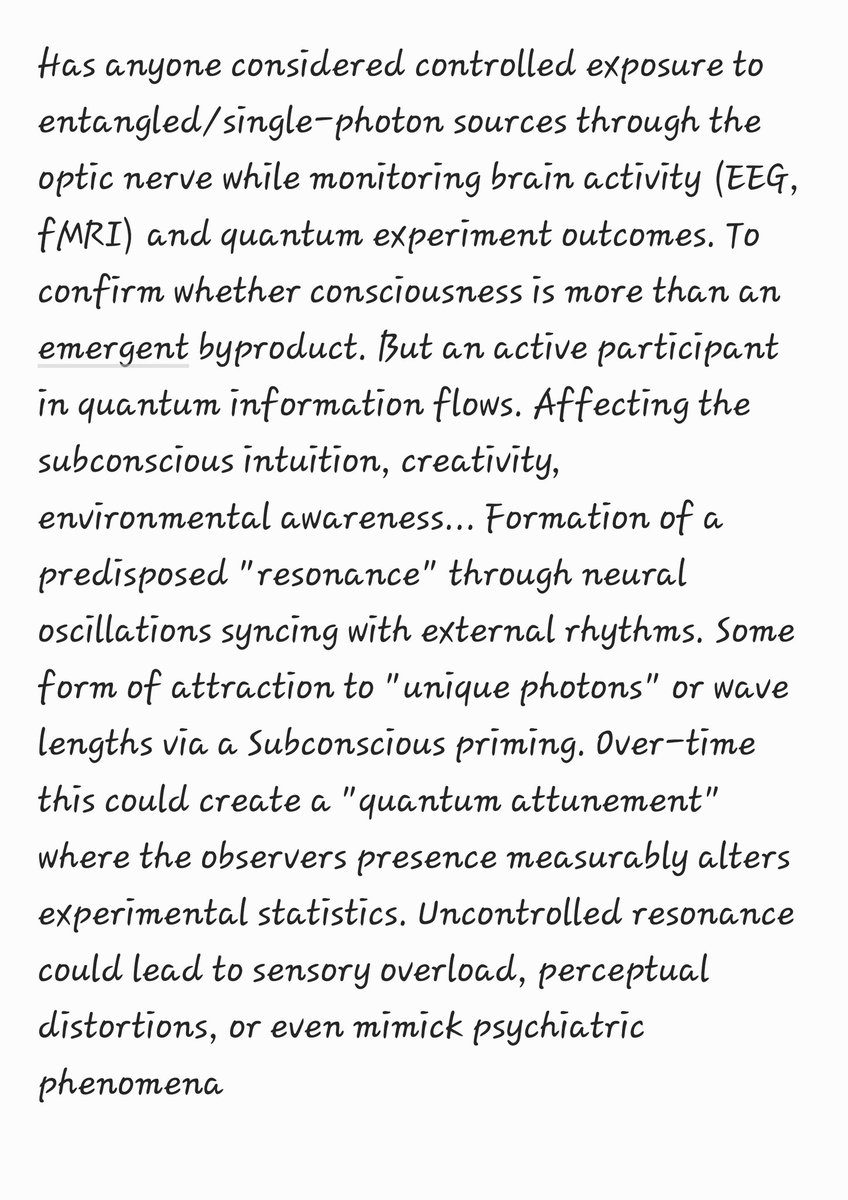 _RELAKZ_'s tweet photo. @JackSarfatti @QuantaMagazine Has anyone considered controlled exposure to entangled/single-photon sources through the optic nerve while monitoring brain activity (EEG, fMRI) and quantum experiment outcomes. To confirm...... https://t.co/r1UNoggiPV