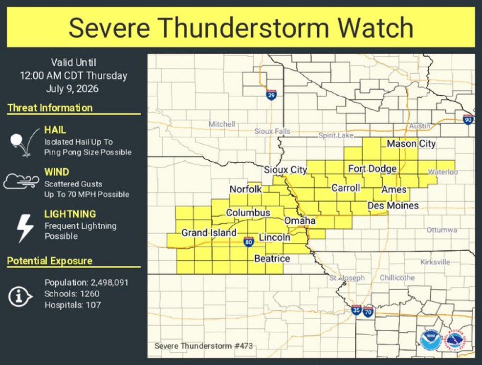 LNKScanner's tweet photo. #LNKWeather -
⚠️ SEVERE THUNDERSTORM WATCH ⚠️
in effect until 12:00 AM on 7/9/26.
Including the Lincoln/Lancaster area.
#SevereThunderstormWatch #Lincoln #Lancaster #WeatherAlert https://t.co/ETYc6D8FkP