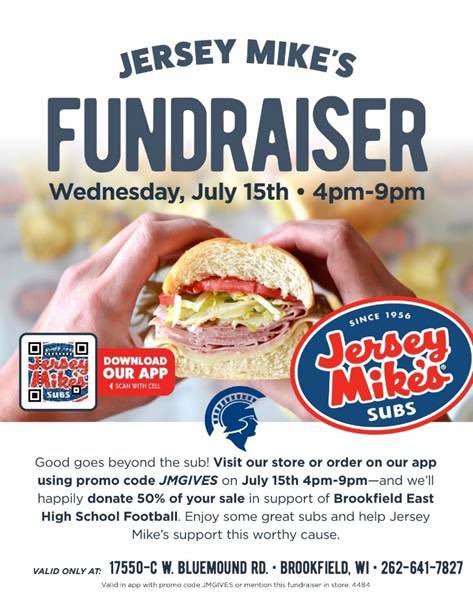 BEHSFB's tweet photo. Join us on July 15th. Eat great food and support Spartan Football. In the store or on the app (code : JMGIVES) pass the word. #BEHS. https://t.co/pUJHSEhG1N