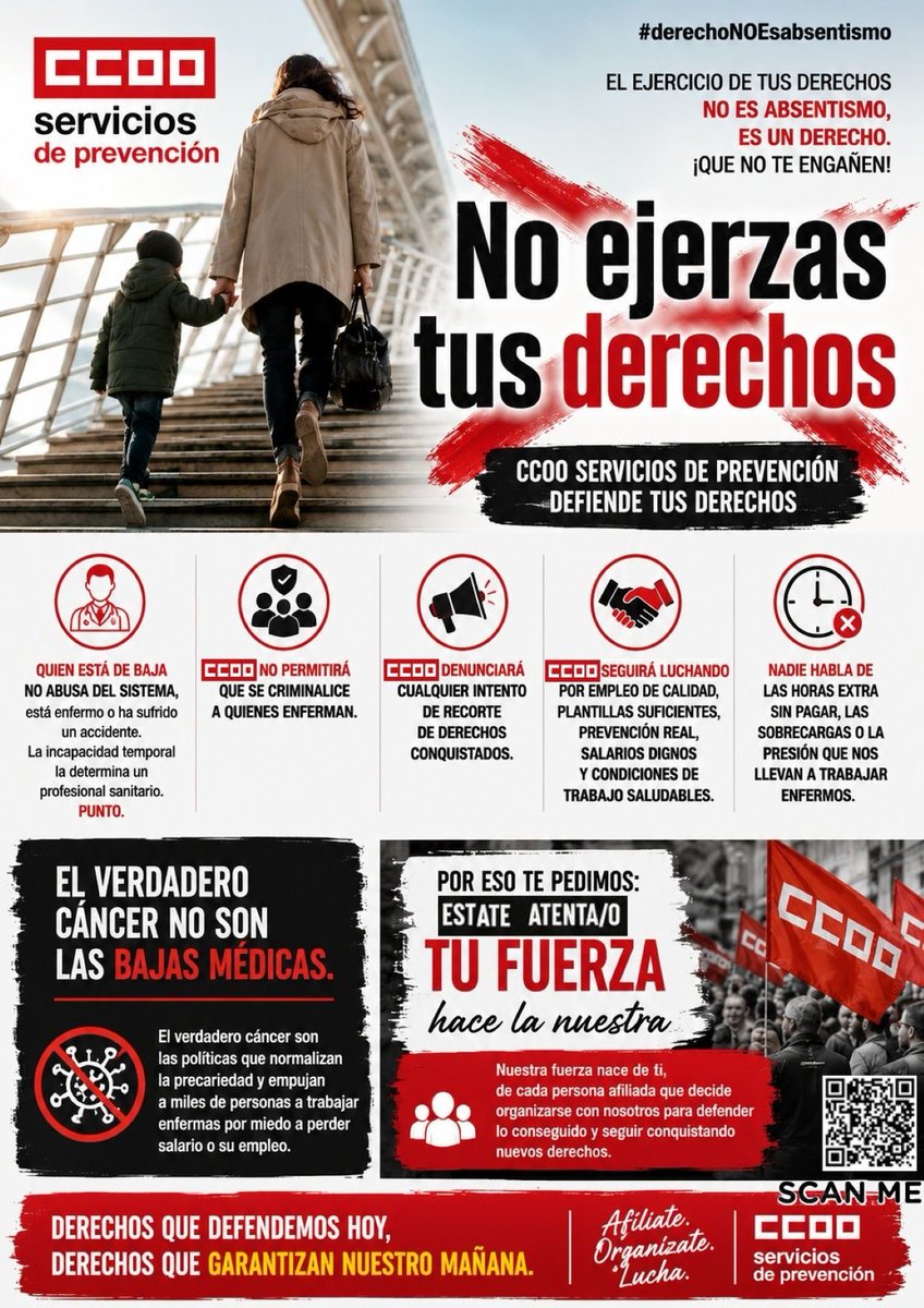 SPAs_CCOO's tweet photo. 🚨 Organizaciones políticas y patronales, veladamente las consideran ABSENTISMO; frivolizando además con ellas considerándolas un CÁNCER
🗣️ Las BAJAS no son absentismo ni fraude, sino un DERECHO LABORAL respaldado por decisiones médicas
#CCOO #prevencion #DerechoNoEsAbsentismo https://t.co/UJMRDCaxKj