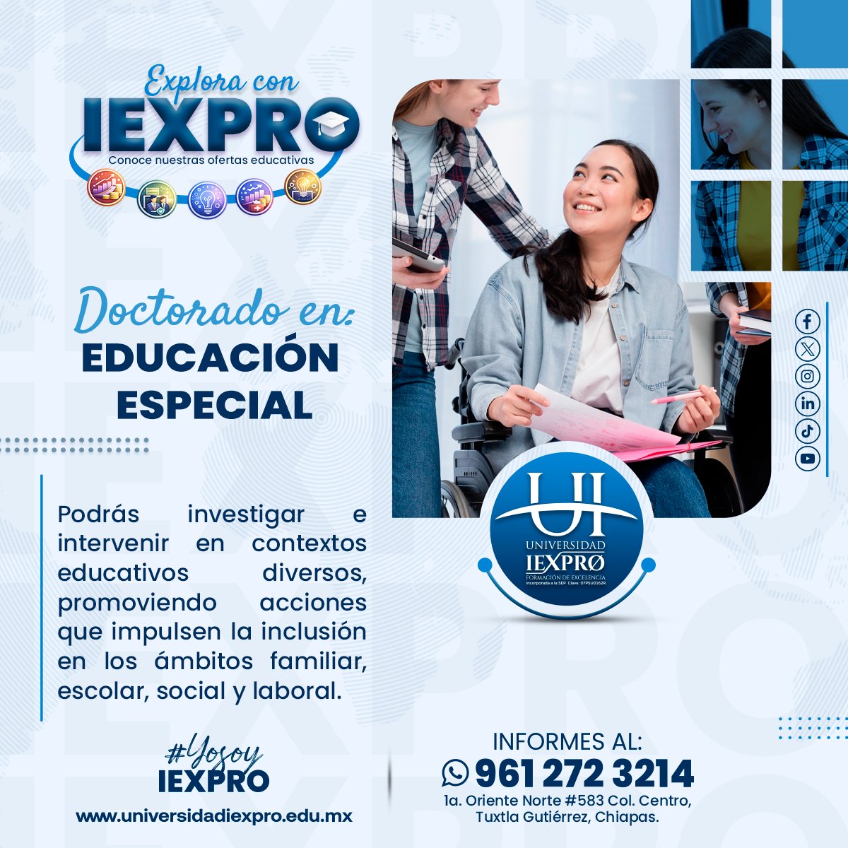 IexproU's tweet photo. Doctorado en Educación Especial
Especialízate en inclusión, investigación y diseño de estrategias para una educación sin barreras. 

#IEXPRO #ExcelenciaProfesional https://t.co/O0l9wlRpXj