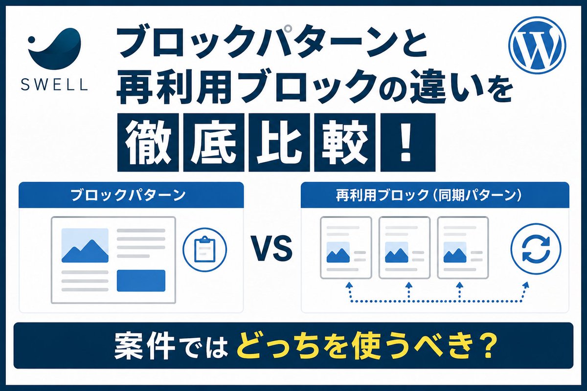KOO86079816's tweet photo. 【ブログ更新】
SWELLの「ブロックパターン」と「再利用ブロック」の違いを解説。

使い方を間違えると、1か所の編集で全ページが更新されることも…。

案件での使い分けを初心者向けにまとめました。

▼記事はこちら
 https://t.co/fmHzwcBk4B https://t.co/4FIoKwxTEt