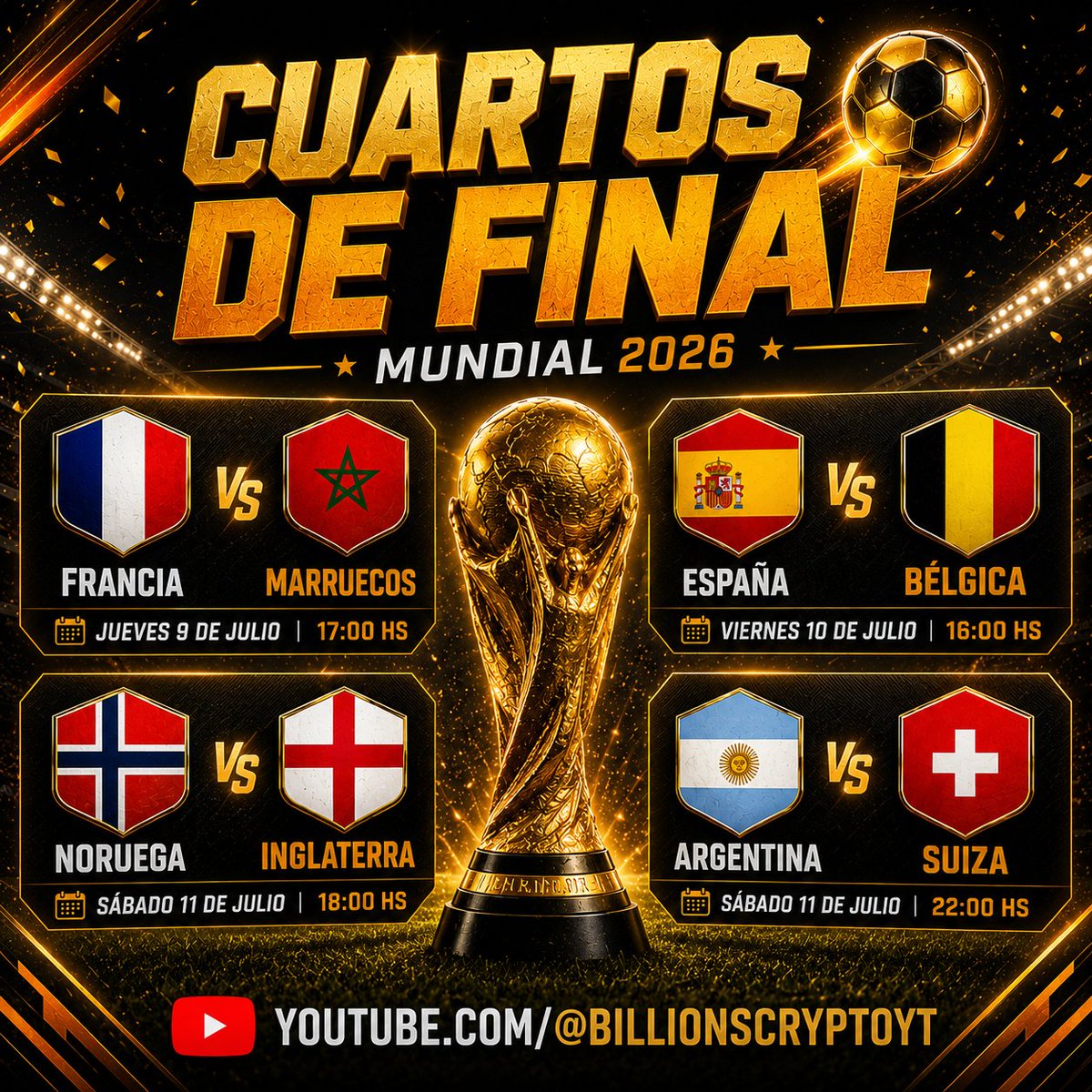 thebillions_es's tweet photo. ⚽ CUARTOS DE FINAL | MUNDIAL 2026

🇫🇷 Francia 🆚 🇲🇦 Marruecos
🗓️ Jueves 9 de julio
🕔 17:00 hs 🇦🇷

🇪🇸 España 🆚 🇧🇪 Bélgica
🗓️ Viernes 10 de julio
🕓 16:00 hs 🇦🇷

🇳🇴 Noruega 🆚 🇬🇧 Inglaterra
🗓️ Sábado 11 de julio
🕕 18:00 hs 🇦🇷

🇦🇷 Argentina 🆚 🇨🇭 Suiza
🗓️ Sábado 11 de julio
🕙 22:00 hs 🇦🇷

🔥 Se vienen cuatro partidazos rumbo a las semifinales. ¿Quiénes avanzan?

📺 https://t.co/RuWuyH9pZR