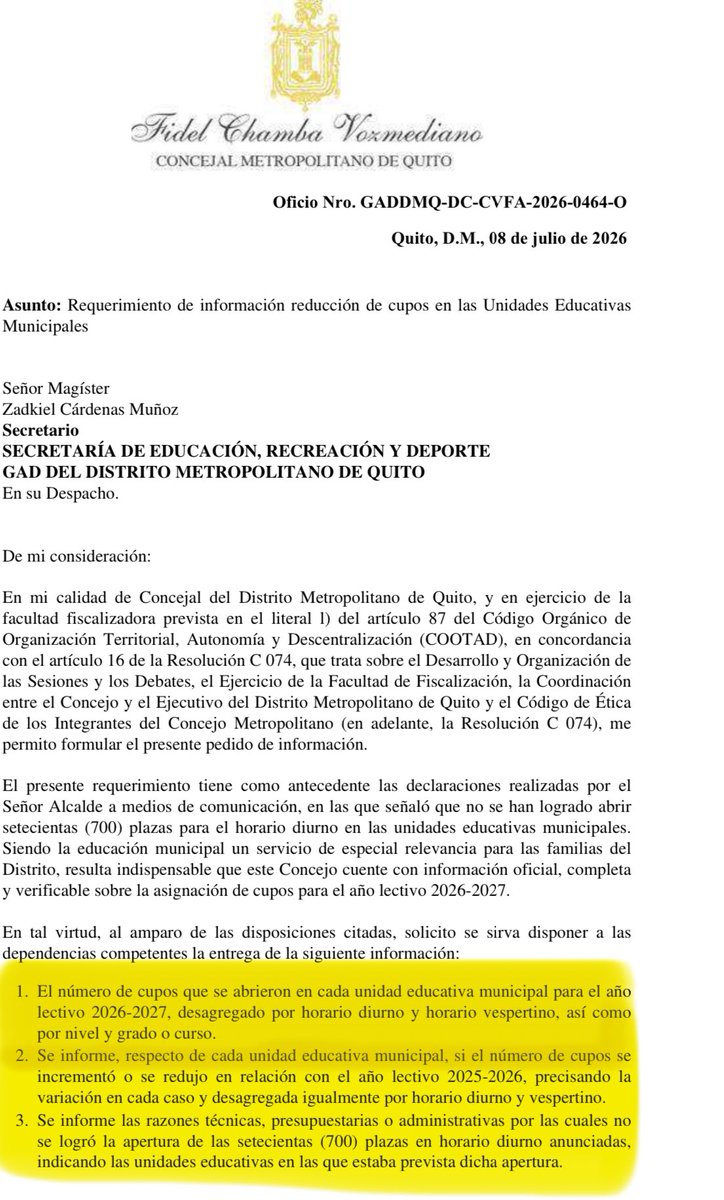 fidelchambav's tweet photo. ‼️El Alcalde @pabelml anuncia con total desinterés  que se cerraron 700 cupos diurnos en las escuelas municipales. Eso sí, para la subvención a los transportistas nunca falta plata, tampoco para el @pnud que no transparenta el uso del dinero entregado para el Sistema Integrado de Recaudo. 

🚨Los buses tendrán subvención de primera. La educación de los niños, al tacho de la basura. 

Inicio fiscalización y remito un pedido de información a la Secretaria de @EducacionQuito para exigir respuestas.