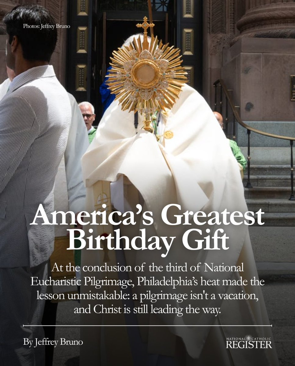 NCRegister's tweet photo. At the conclusion of the third of National Eucharistic Pilgrimage, Philadelphia’s heat made the lesson unmistakable: a pilgrimage isn't a vacation, and Christ is still leading the way.

Read the full story: https://t.co/sgIFjkL694 https://t.co/GfOuhRsYre