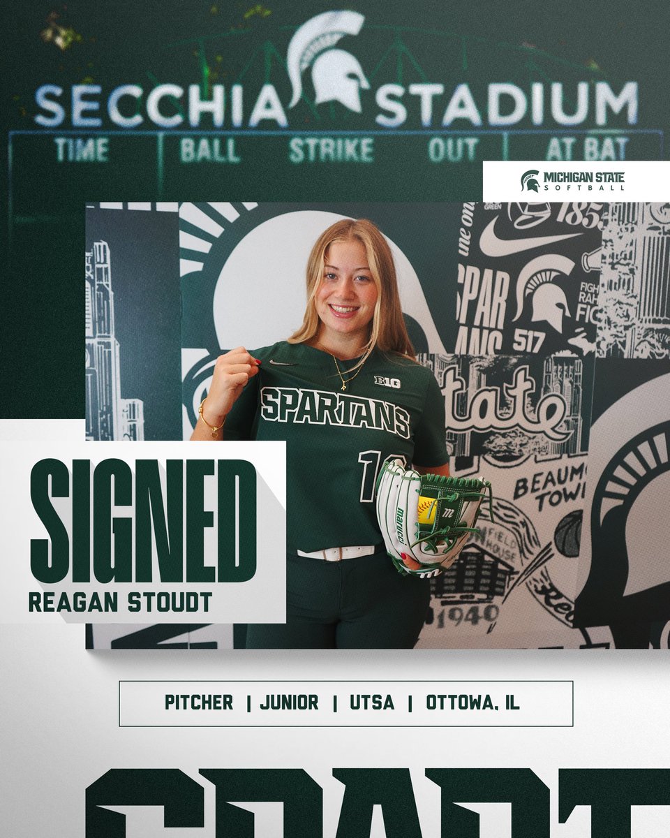 MSU_Softball's tweet photo. BREAKING NEWS:  Another New Spartan alert!

Welcome to East Lansing, Reagan Stoudt!  You look amazing in Green &amp; White! https://t.co/deik0112jH