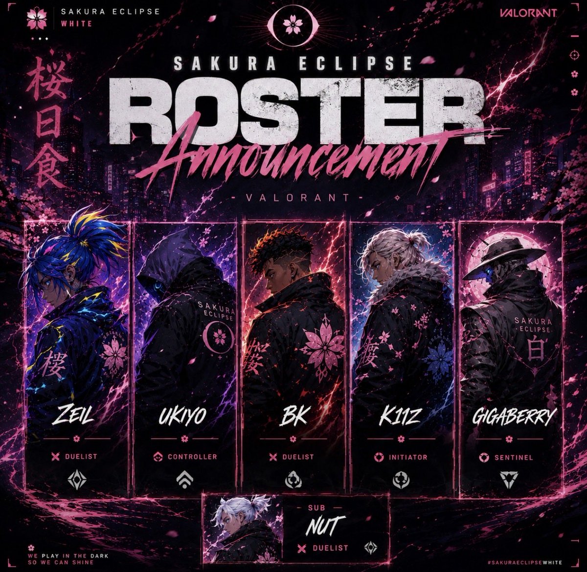 SakuraEclipse10's tweet photo. Now finally closing it off for the #valorant side of things..
Introducing the Main Valorant team
Sakura Eclipse White (Main)

Roster: 
@Z3ilTwitch 
@Jadenx10_ 
BK
@k11z 
@gigaberry406 

Sub: 
Nut https://t.co/aKBHb2iLe6