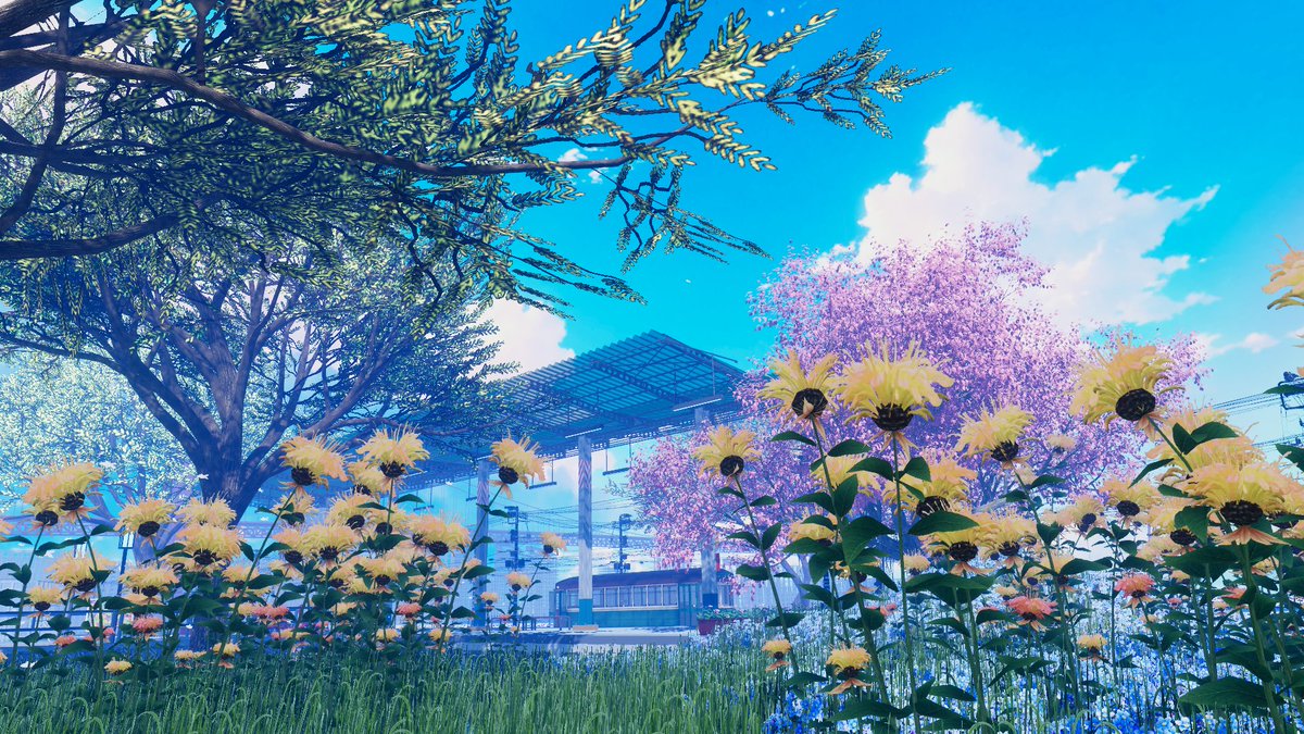 tokiwailm's tweet photo. 碧蓝空想（湛望角站）　―By 元气克星花阳
夏の波と空、花々が飾る海の駅のワールドです。

https://t.co/vTbp5GxtRq
#VRChat_world紹介 #VRChat https://t.co/DVG2WPtpIO