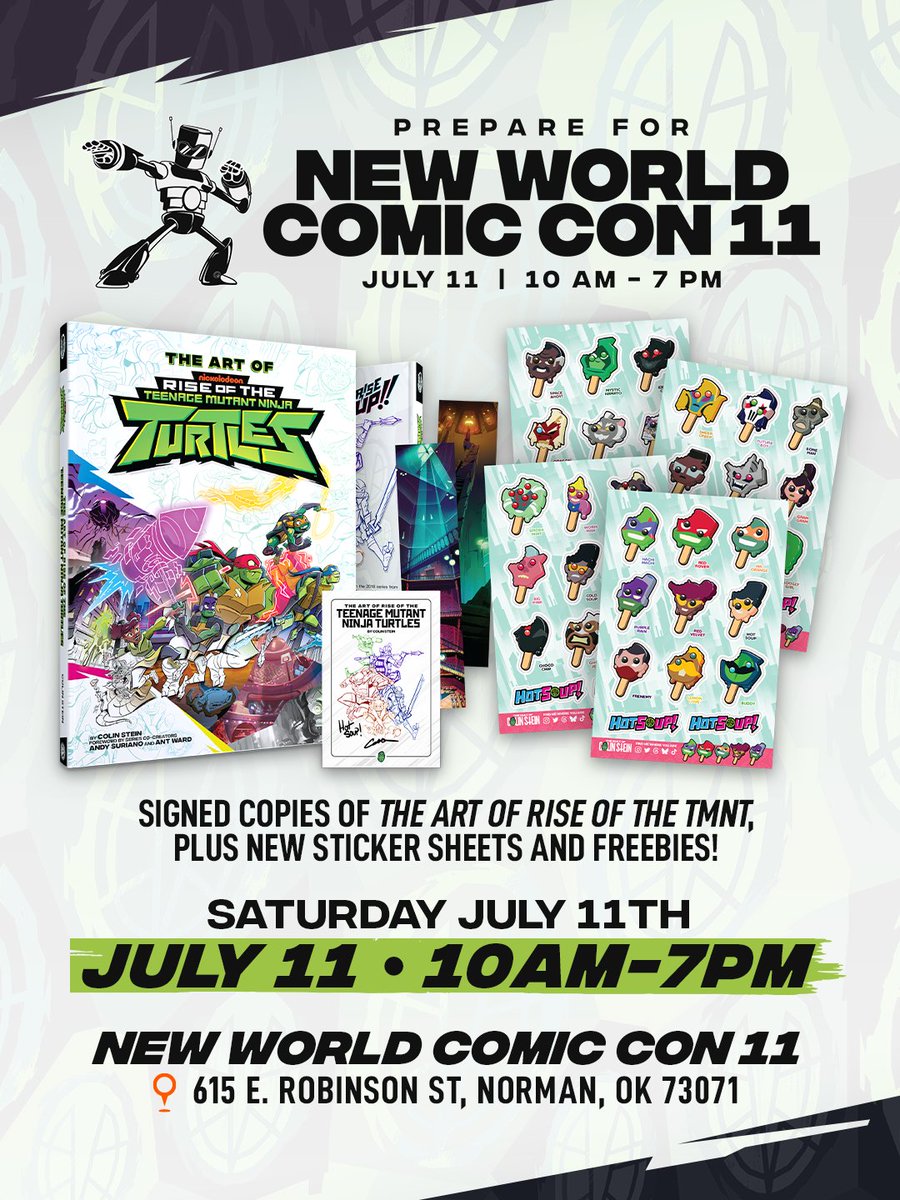 TheColinStein's tweet photo. Come see me, Colin Stein, the author of the Amazon's 3 time #1 best-selling and nearly sold out art book #TheArtofRiseoftheTMNT!

I've also stickers, pins, and a bunch of freebies! See you this Saturday, July 11th from 10am to 7pm.
#RiseoftheTMNT #ROTTMNT https://t.co/NlX2P6ZNk2